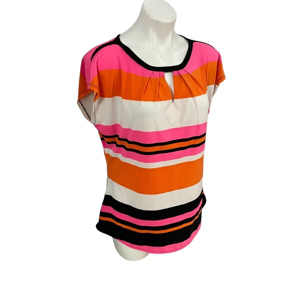 Worthington Top Womens Large Shirt Stripe Orange Pink Work Office Career Coastal - Picture 8 of 14